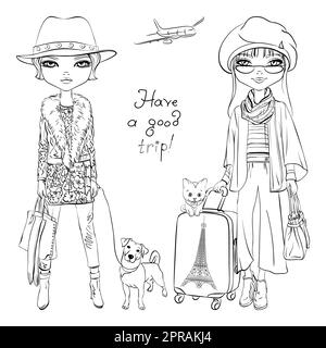 Vector fashion girls with dog and cat travel the world on airplanes. Black and white illustration for coloring book. Stock Photo