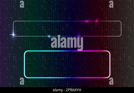Neon colored frames on the background of binary code, abstract backdrop. Stock Photo