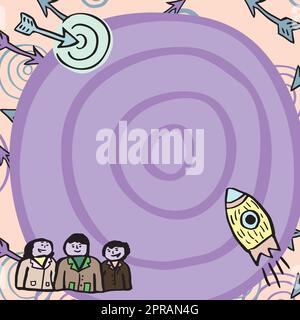 Rocket Ship Launching Fast To Target On Background. Group Of People Watching Spaceship Taking Off. Space Shuttle Reaching Destination Under Enineers Approval Stock Vector