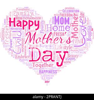 Word cloud in the shape of a heart with happy mother's day words. Day of year where mothers are particularly honoured by children Stock Vector