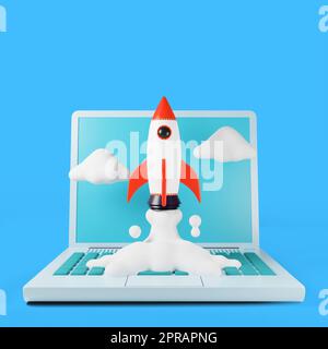 3d render Laptop with rocket launch Stock Photo