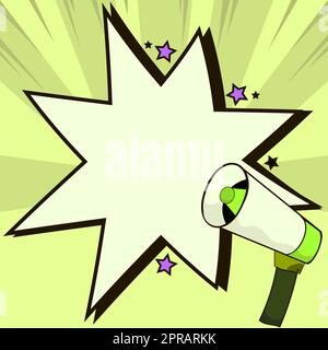 Megaphone Drawing With Conversation Bubble Showing New Announcement. Bullhorn Voice Device With Speech Balloon Presenting Fresh And Important News Messages. Stock Photo