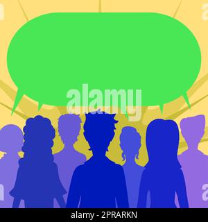 Group Of People Sharing Important Informations In Speech Bubble. Business Team Presenting Critical Announcements In United Dialogue Balloon. Crutial Message Displayed. Stock Photo
