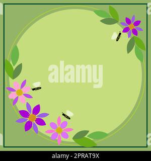 Frame With Bees, Leaves And Flowers Around And Important Announcement Inside. Framework With Different Plants All Over And Crutial Information In. Floral Circle With New Ideas Stock Photo
