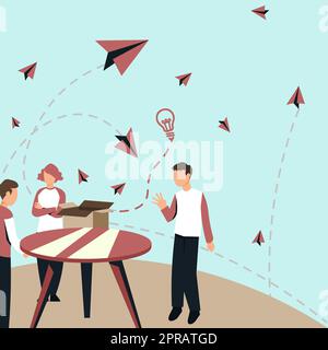 Colleagues Thinking New Innovative Ideas Around Table. Three People Discussing Recent Updates. Executives Reasoning Current Original Data Over Desk. Stock Photo