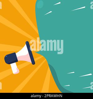 Megaphone Drawing With Conversation Bubble Showing New Announcement. Bullhorn Voice Device With Speech Balloon Presenting Fresh And Important News Messages. Stock Photo