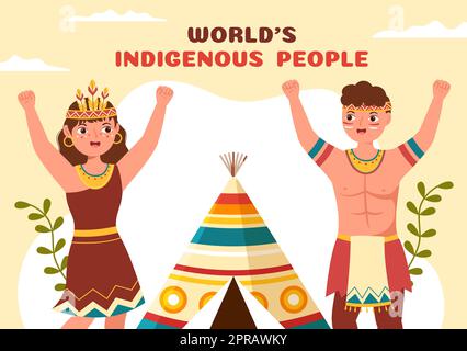 Worlds Indigenous Peoples Day on August 9 Hand Drawn Cartoon Flat Illustration to Raise Awareness and Protect the Rights Population Stock Photo