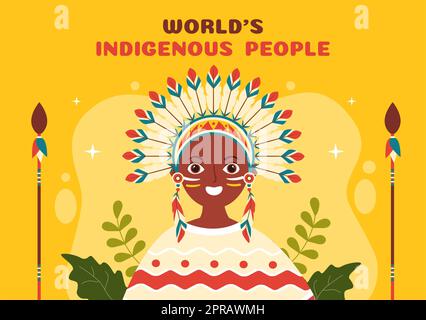 Worlds Indigenous Peoples Day on August 9 Hand Drawn Cartoon Flat Illustration to Raise Awareness and Protect the Rights Population Stock Photo