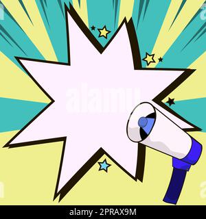 Megaphone Drawing With Conversation Bubble Showing New Announcement. Bullhorn Voice Device With Speech Balloon Presenting Fresh And Important News Messages. Stock Photo