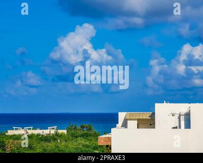 Cityscape caribbean ocean and beach panorama view Playa del Carmen. Stock Photo