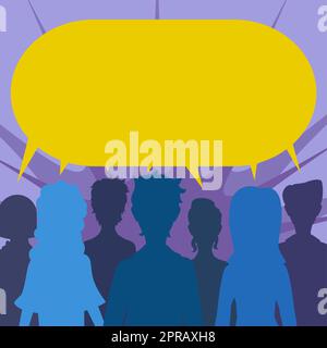 Group Of People Sharing Important Informations In Speech Bubble. Business Team Presenting Critical Announcements In United Dialogue Balloon. Crutial Message Displayed. Stock Photo