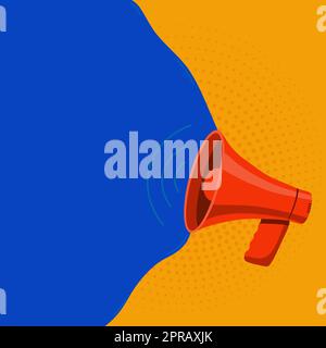 Megaphone Drawing With Conversation Bubble Showing New Announcement. Bullhorn Voice Device With Speech Balloon Presenting Fresh And Important News Messages. Stock Photo