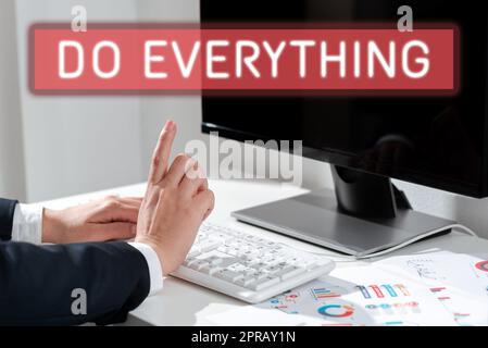 Text caption presenting Do Everything. Business idea Jack of All Trades Self Esteem Ego Pride No Limits Woman Typing Updates On Lap Top And Pointing New Ideas With One Finger. Stock Photo