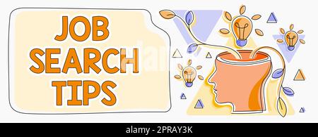 Text sign showing Job Search Tips. Internet Concept Recommendations to make a good resume to obtain a position Man Thinking New Brilliant Ideas Shown On Presentation Board. Stock Photo