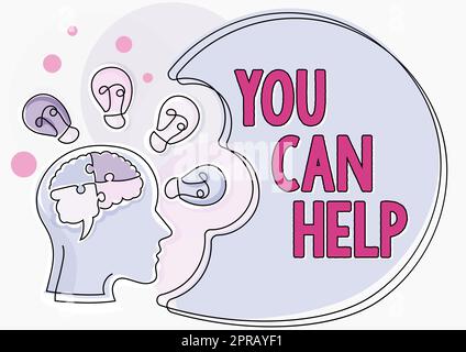 Conceptual display You Can Help. Business concept Be a volunteer helping showing in need Give assistance Man With Puzzled Brain Thinking New Ideas Shown On Presentation Board. Stock Photo