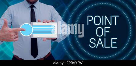 Writing displaying text Point Of Sale. Business showcase Method for doing payments with debit or credit cards Man Presenting Data Over Digitally Generated Bar Graph On Smartphone. Stock Photo