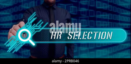 Writing displaying text Hr Selection. Business overview Process and approached by human resources when hiring employees Handsome Person Holding Pen Presenting Digital Display Search Bar. Stock Photo