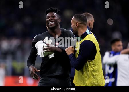 Milan, Italy, 26 April, 2023. Andre' Onana (24 Inter) celebrates with Danilo D'Ambrosio (33 Inter) at the end of the Coppa Italia semifinal second leg match between FC Internazionale and Juventus FC at San Siro Stadium on April 26, 2023 in Milan, Italy. Credit: Stefano Nicoli/Speed Media/Alamy Live News Stock Photo