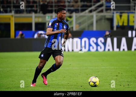 Denzel Dumfries (FC Inter) during the Italian Cup, Coppa Italia, semi-finals, 2nd leg football match between FC Internazionale and Juventus FC on April 26, 2023 at Giuseppe Meazza stadium in Milan, Italy - Photo Luca Rossini / E-Mage Stock Photo