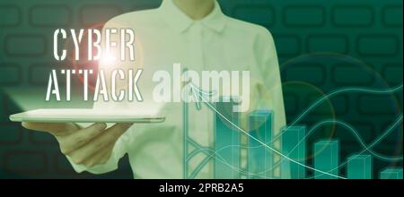 Writing displaying text Cyber Attack. Business showcase An attempt by hackers to Damage Destroy a Computer System Woman Holding Tablet By Digital Graphs And Arrow Showing Data And Ideas. Stock Photo