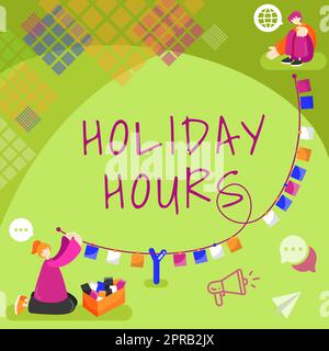 Text caption presenting Holiday Hours. Business idea Schedule 24 or7 Half Day Today Last Minute Late Closing Sitting Woman Talking And Putting Important Notes On String. Stock Photo
