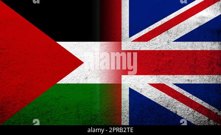 National flag of United Kingdom (Great Britain) Union Jack with Flag of Palestine. Grunge background Stock Photo