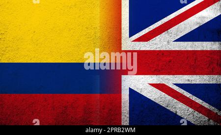 National flag of United Kingdom (Great Britain) Union Jack with National flag of Colombia. Grunge background Stock Photo