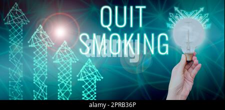 Text caption presenting Quit Smoking. Business overview Discontinuing or stopping the use of tobacco addiction Woman Holding Light Bulb With Data And Presenting Crucial Ideas. Stock Photo