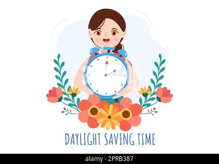 Daylight Savings Time Hand Drawn Flat Cartoon Illustration with Alarm Clock or Calendar from Summer to Spring Forward Design Stock Photo