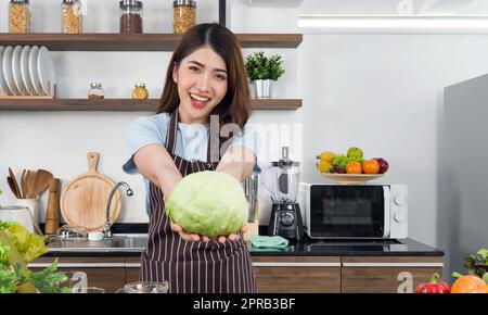 Young asian housewife dressed in an apron offering fresh lettuce in the front with both hand. Morning atmosphere in a modern kitchen. Stock Photo