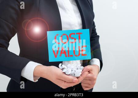 Text caption presenting Cost Value. Concept meaning The amount that usualy paid for a item you buy or hiring a person Businesswoman Holding Paper Wraps And Important Message On Stick. Stock Photo