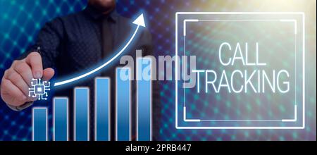 Hand writing sign Call Tracking. Word Written on Organic search engine Digital advertising Conversion indicator Businessman Holding Pen And Pointing On Graph With Arrows Up. Stock Photo