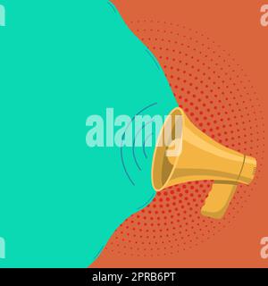 Megaphone Drawing With Conversation Bubble Showing New Announcement. Bullhorn Voice Device With Speech Balloon Presenting Fresh And Important News Messages. Stock Photo