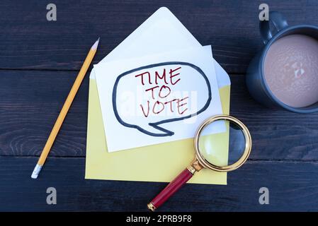 Text showing inspiration Time To Vote. Word Written on Election ahead choose between some candidates to govern Letter With Stationery And Coffee Over Wood Showing Crucial News. Stock Photo