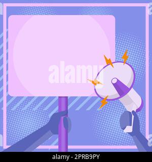 Illustration Of Hand Holding Megaphone Pointing At Blank Plaque In Hand. Palm Drawing Using A Bullhorn Giving Powerful Great New Advertisement. Stock Vector
