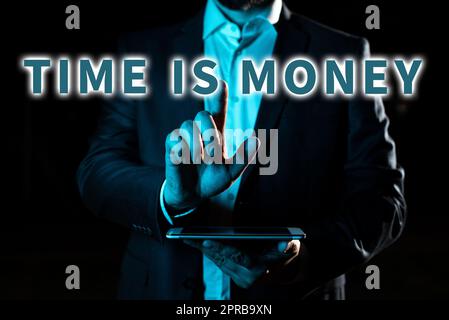 Text caption presenting Time Is Money. Word for Better to do things as quickly as possible Do not delay Businessman Pointing Important Infortmations With One Finger. Stock Photo