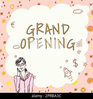 Text showing inspiration Grand Opening. Internet Concept Ribbon Cutting New Business First Official Day Launching Illustration Of Lady Thinking Deeply Alone For New Amazing Tactical Ideas. Stock Photo