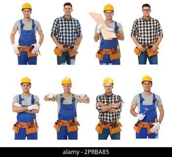 Collage with photos of carpenters on white background Stock Photo