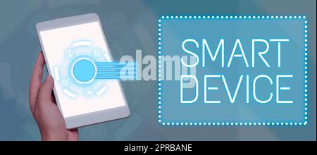 Conceptual caption Smart Device. Business idea Electronic gadget that able to connect share interact with user Businessman Holding A Tablet Displaying Digital Symbols For Presentations. Stock Photo