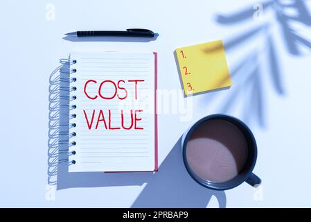 Text caption presenting Cost Value. Concept meaning The amount that usualy paid for a item you buy or hiring a person Notebook With Important Messages On Desk With Coffee, Notes And Pen. Stock Photo