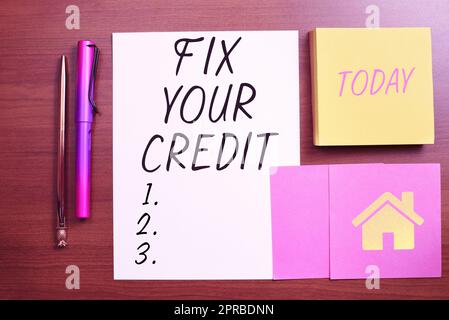 Text sign showing Fix Your Credit. Word for Keep balances low on credit cards and other credit Important Messages Written On Piece Of Paper And Sticky Notes On Desk. Stock Photo
