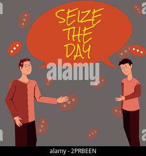 Handwriting text Seize The Day. Word Written on Embrace opportunities Have motivation inspiration optimism Two Colleagues Standing Discussing New Ideas With Big Speech Bubble Stock Photo