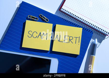 Inspiration showing sign Scam Alert. Concept meaning warning someone about scheme or fraud notice any unusual Important News Presented On Two Sticky Notes On Desk With Mobile Phone. Stock Photo