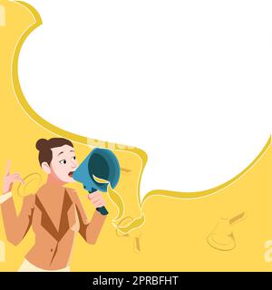 Female leader making statement. Woman wearing formal attire holds megaphone giant speech balloon. Lady expressing success and encouragement. Activist protesting. Stock Vector