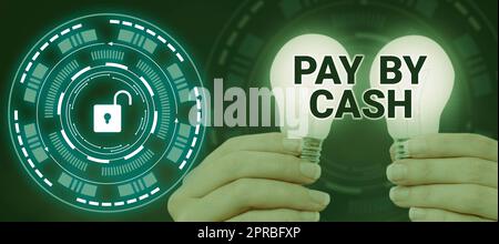 Conceptual display Pay By Cash. Concept meaning Customer paying with money coins bills Retail shopping Woman Holding Light Bulbs With Graphical Padlock In Circle For Stock Photo
