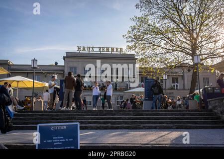 People socialising at Haus Zenner, venue and beer garden in Treptower Park, Berlin Treptow, Germany, Europe Stock Photo