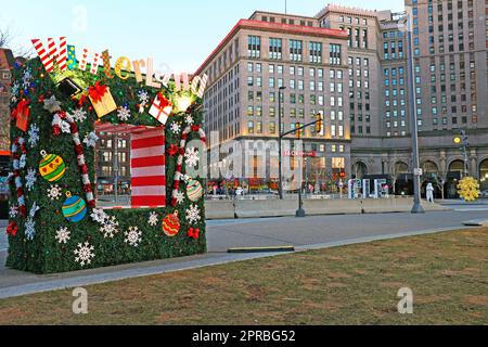 Cleveland Public Square in downtown Cleveland, Ohio with its winter season decorations but without snow. Stock Photo