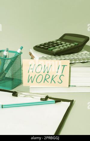 Sign displaying How It Works. Business approach Used to asked about on What Way or manner By What Means Important Idea Shown On Phone On Desk With Cup With Pencils And Books. Stock Photo