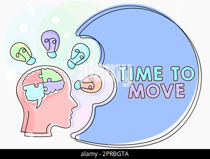 Writing displaying text Time To Move. Internet Concept Best period to transfer Relocation Change the current path Man With Puzzled Brain Thinking New Ideas Shown On Presentation Board. Stock Photo
