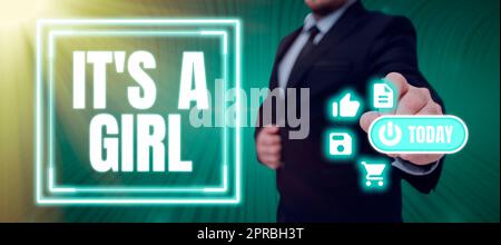 Handwriting text It S Is A Girl. Internet Concept Expecting a baby cute pastel colors a lot of pink Businessman Presenting Digital S And Display With Crucial Information. Stock Photo